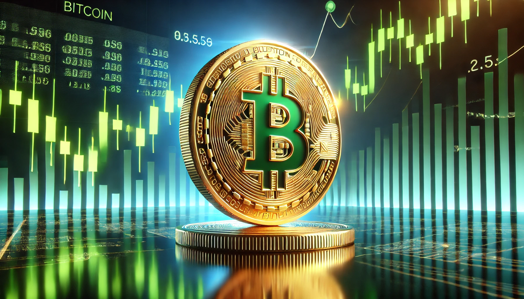 A golden Bitcoin coin standing on a reflective surface with a glowing stock market chart featuring upward-trending green candlestick patterns in the background.