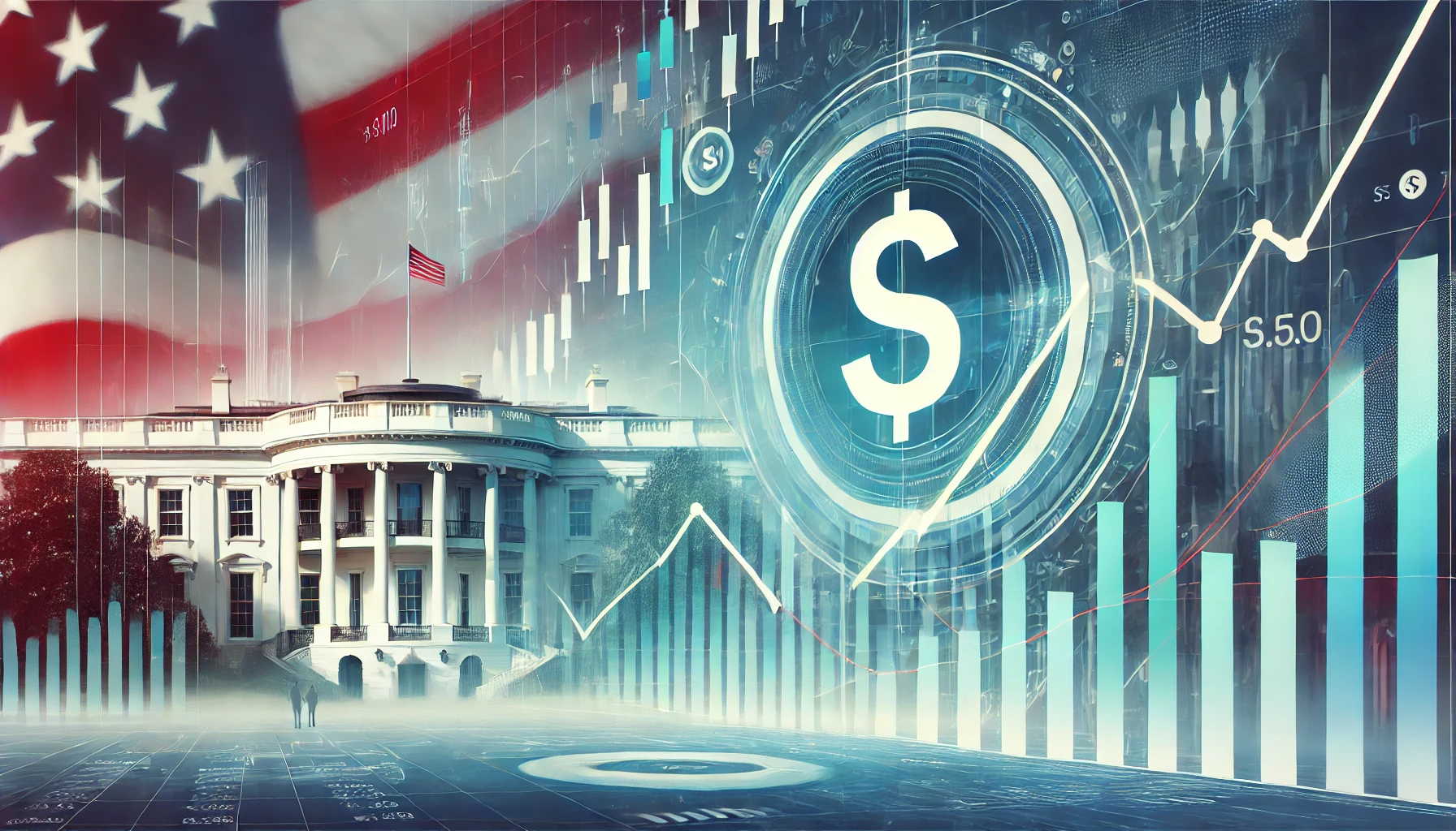 A dynamic financial image showcasing stock market graphs, a dipping US dollar symbol, and the White House silhouette in the background.