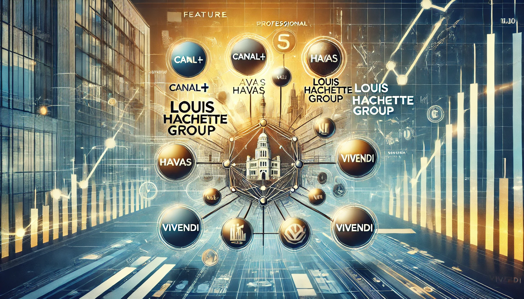 A financial-themed image depicting interconnected business icons for Canal+, Havas, Louis Hachette Group, and Vivendi, set against stock market graphs and euro symbols.