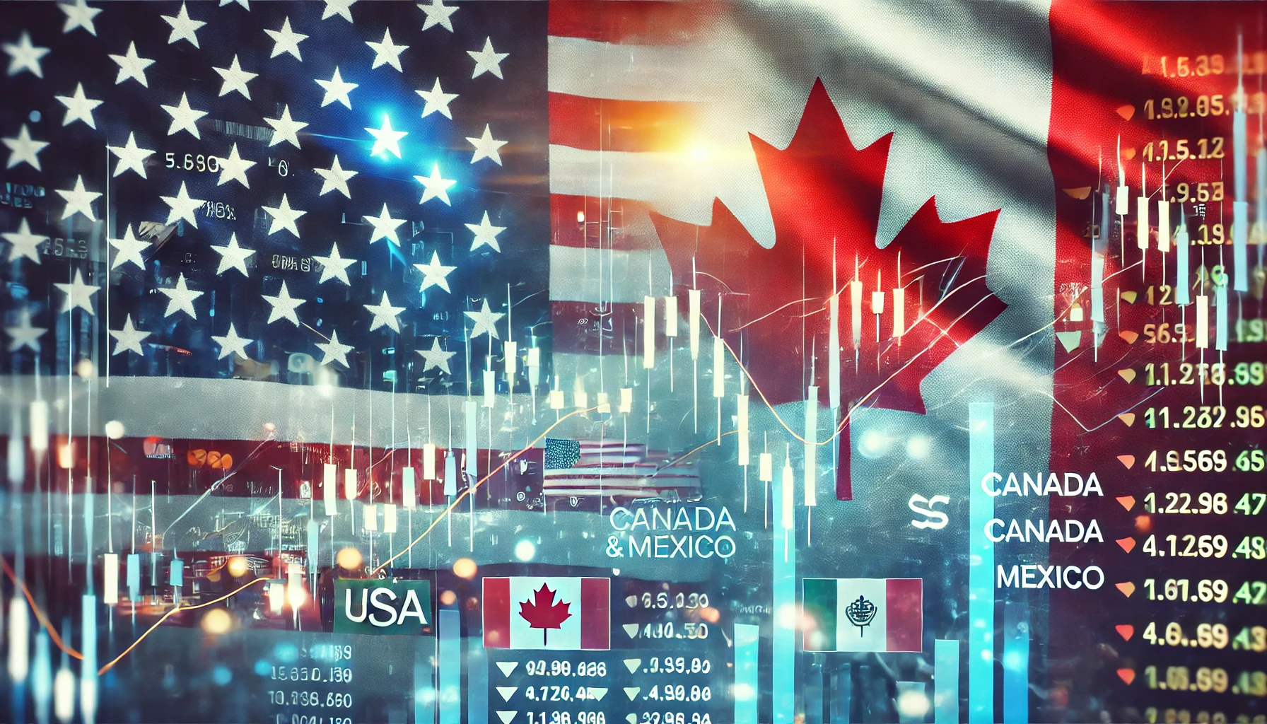 A stock market chart showing volatile fluctuations with a U.S. flag in the background, symbolizing economic uncertainty due to trade tariffs on Canada and Mexico.