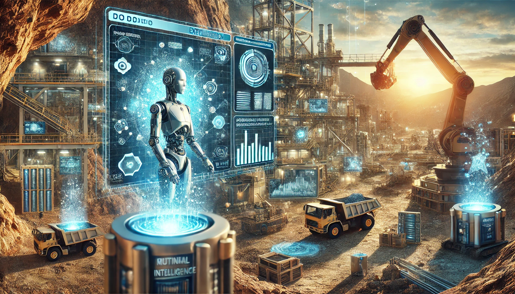 A futuristic mining site with AI-driven robotic drilling and digital geological analysis. Caption: KoBold Metals leverages AI technology to revolutionize mineral exploration and reduce reliance on traditional supply chains