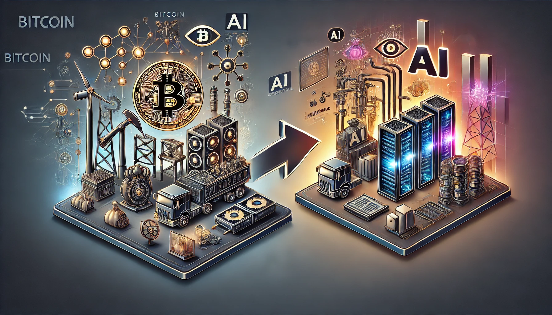 Transition from Bitcoin mining to AI infrastructure with Bitcoin visuals on one side and AI-driven data centers on the other.