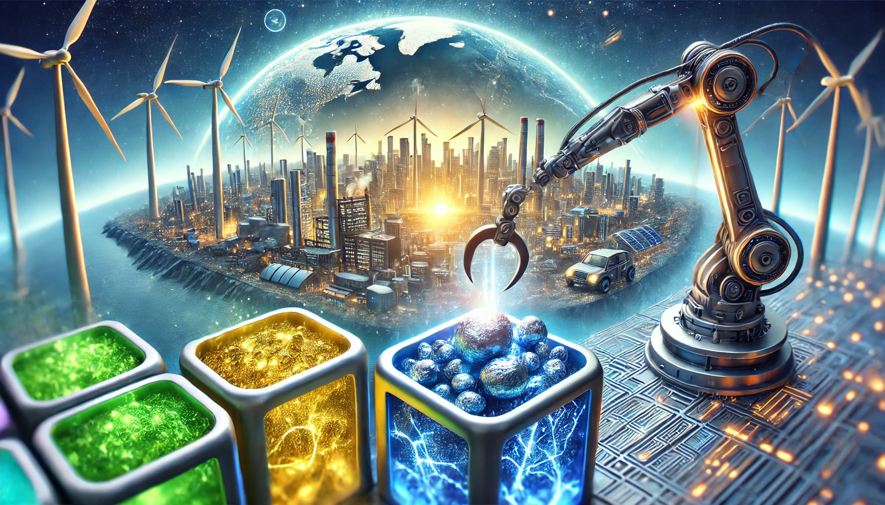 A futuristic city powered by renewable energy, with glowing lithium, cobalt, and nickel ores in the foreground, symbolizing the role of key metals in battery technology.