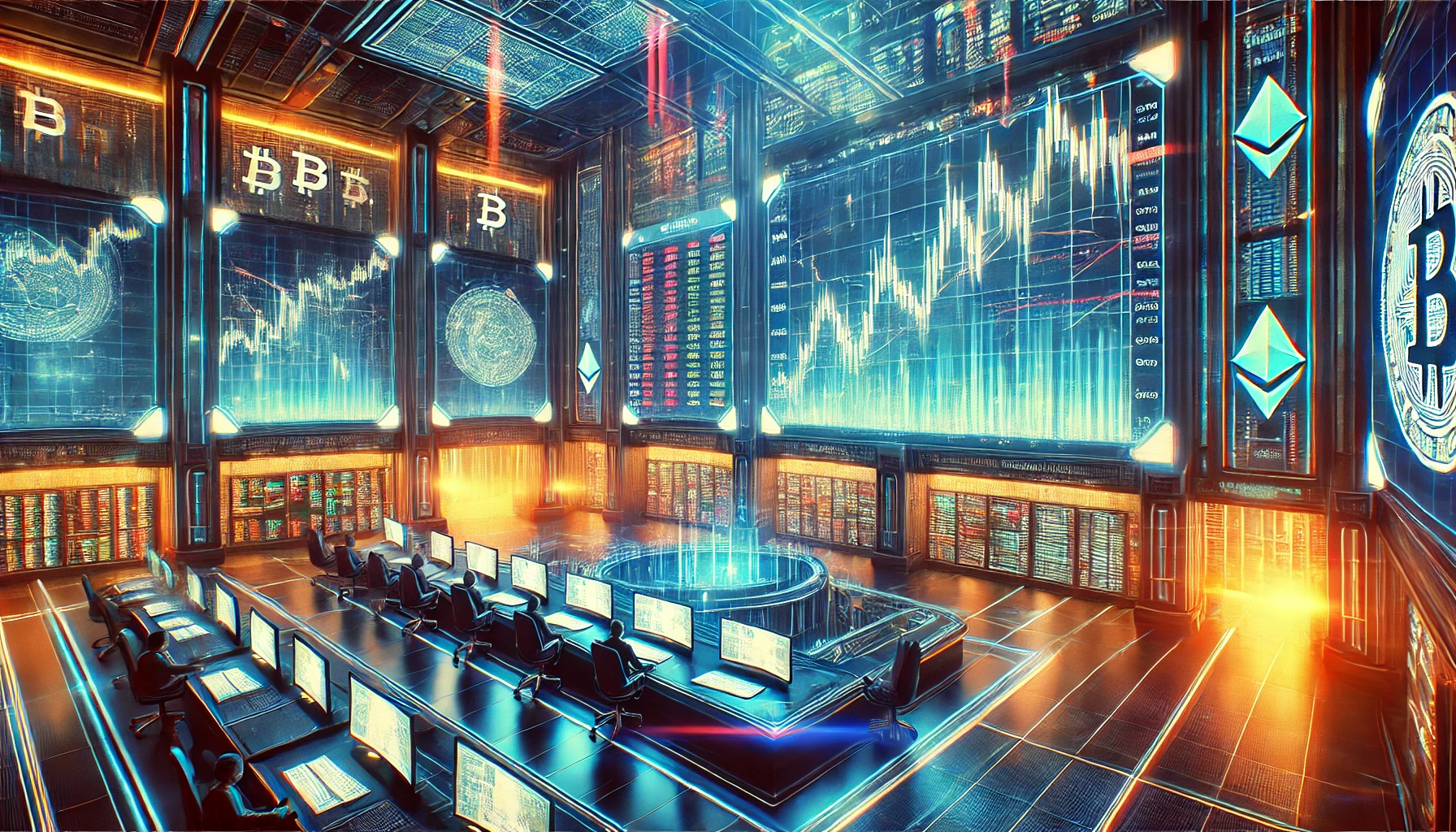 A futuristic Wall Street-style trading floor with neon-lit screens displaying cryptocurrency market trends.