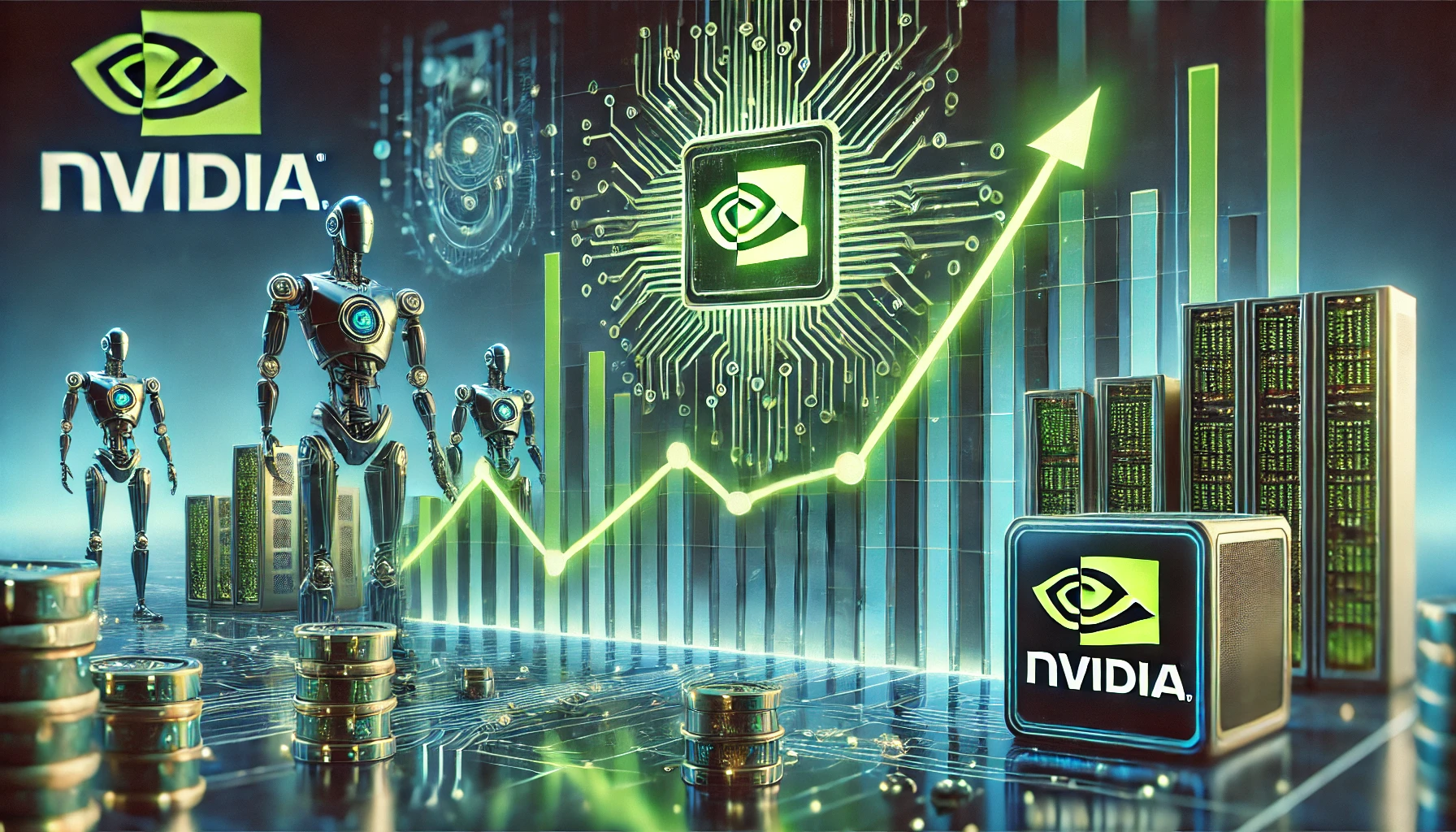 A futuristic digital illustration showing Nvidia's stock price rising, with AI circuitry and data servers in the background.