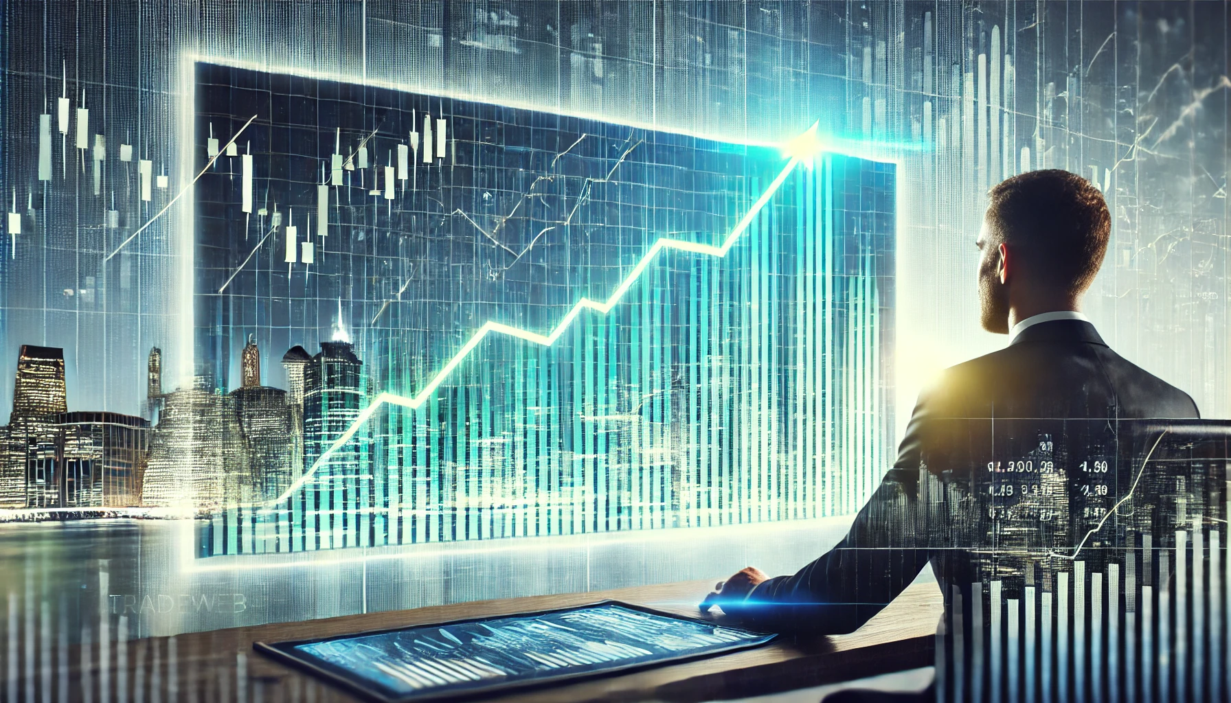 An upward stock market graph overlaying a digital trading platform interface, symbolizing Tradeweb Markets' financial growth.