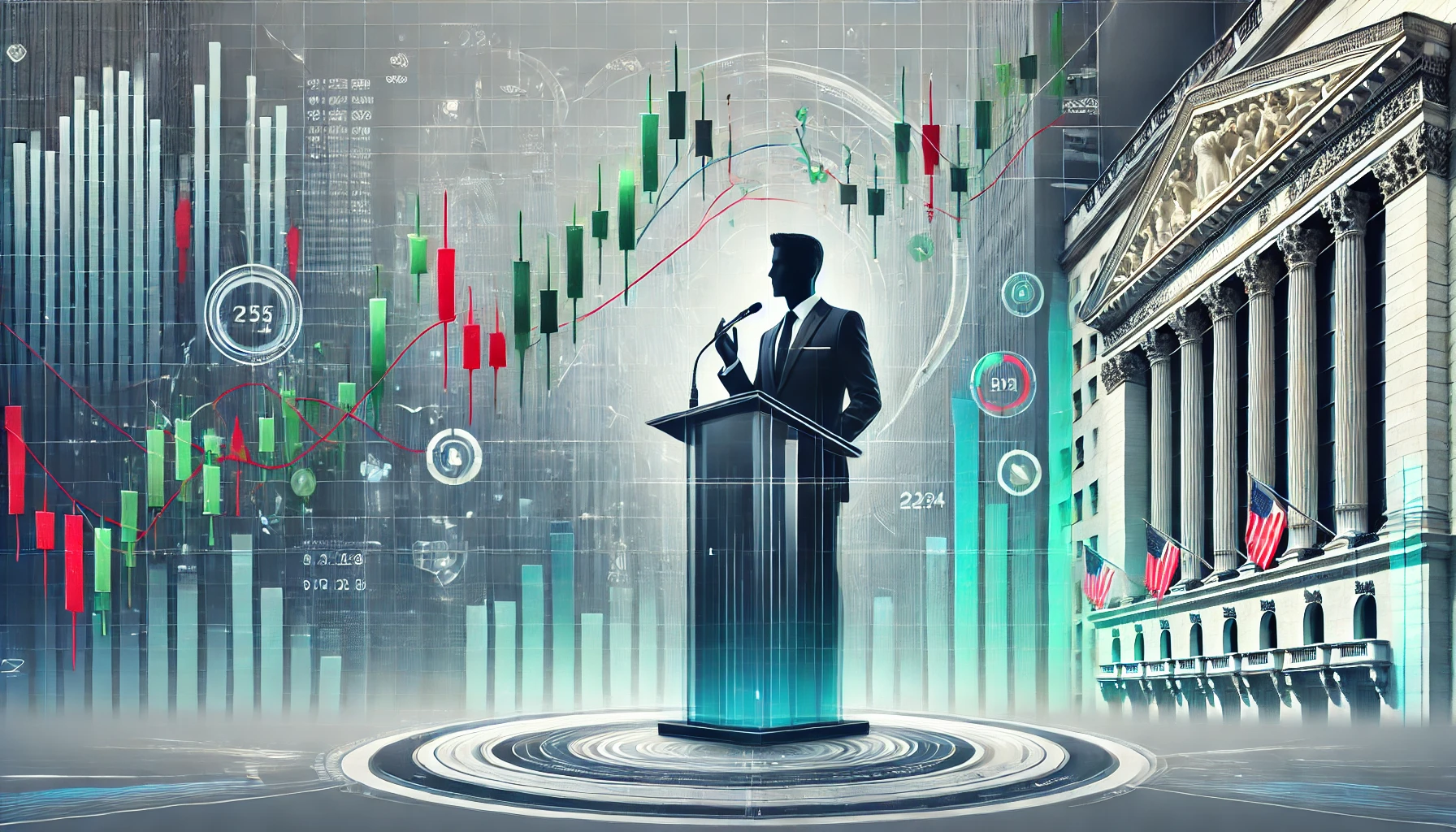 Financial chart with candlesticks and a silhouette of Jamie Dimon speaking, symbolizing U.S. stock market trends.