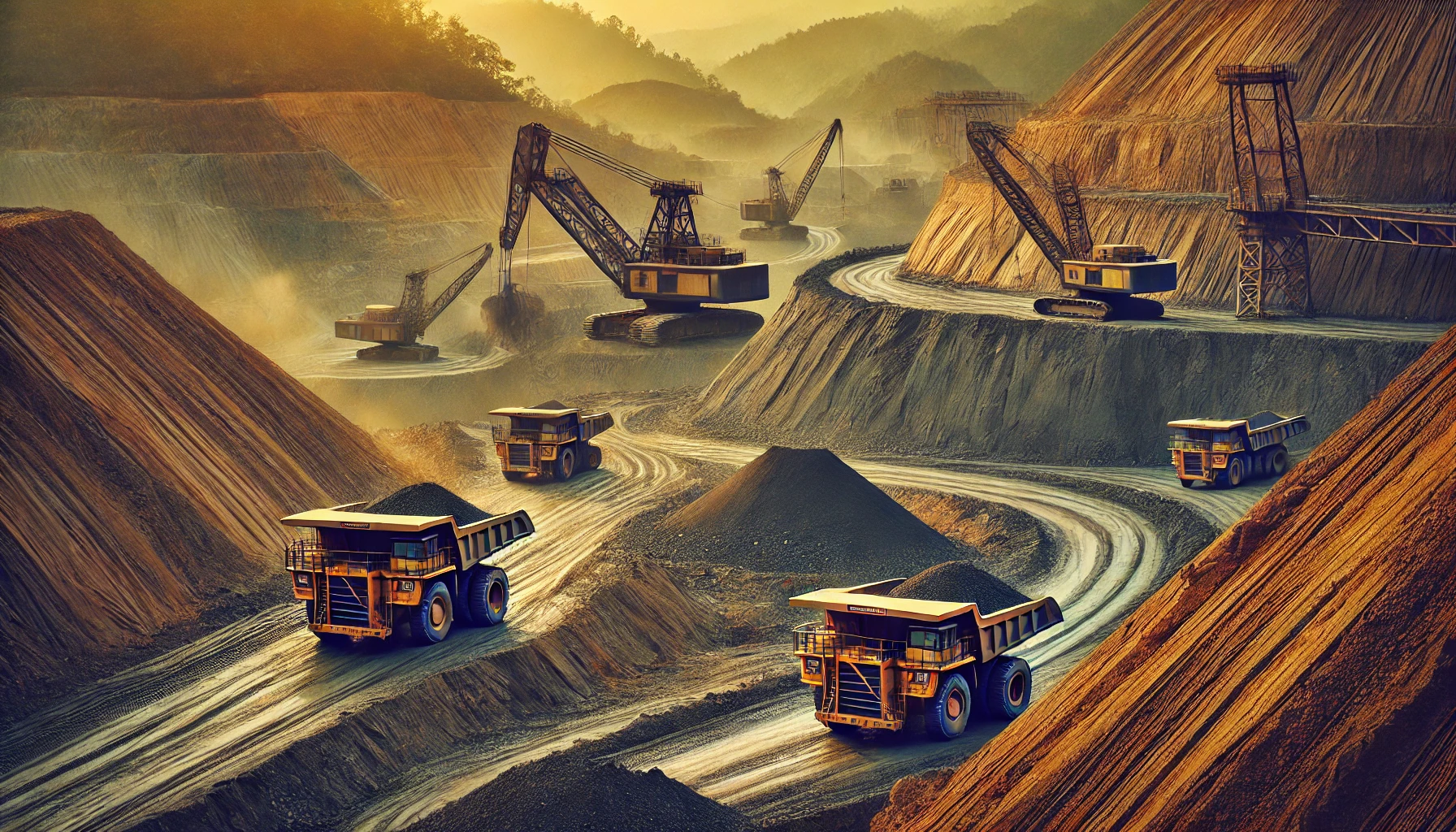 A large-scale nickel mining operation in Indonesia with excavators and trucks extracting ore in an open-pit mine, surrounded by tropical hills.