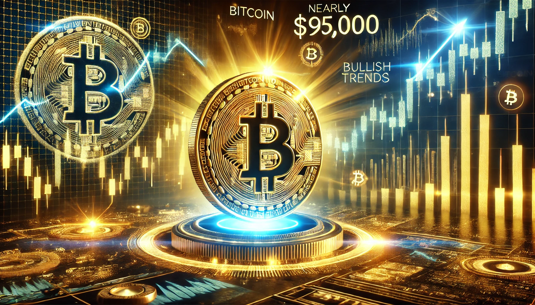 A visually striking image of a glowing Bitcoin coin with a digital price ticker showing nearly $95,000, set against a futuristic stock market chart with bullish trends and candlestick graphs.