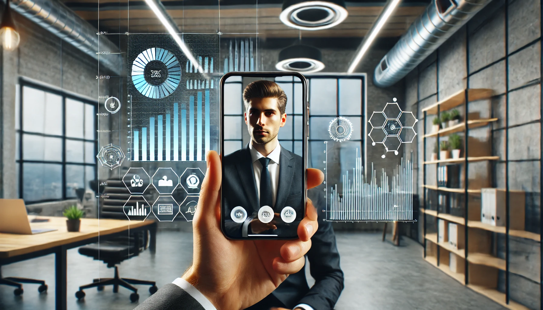 A business executive in a suit recording a video message on a smartphone in a well-lit office, with a financial graph displayed on a computer screen behind them.