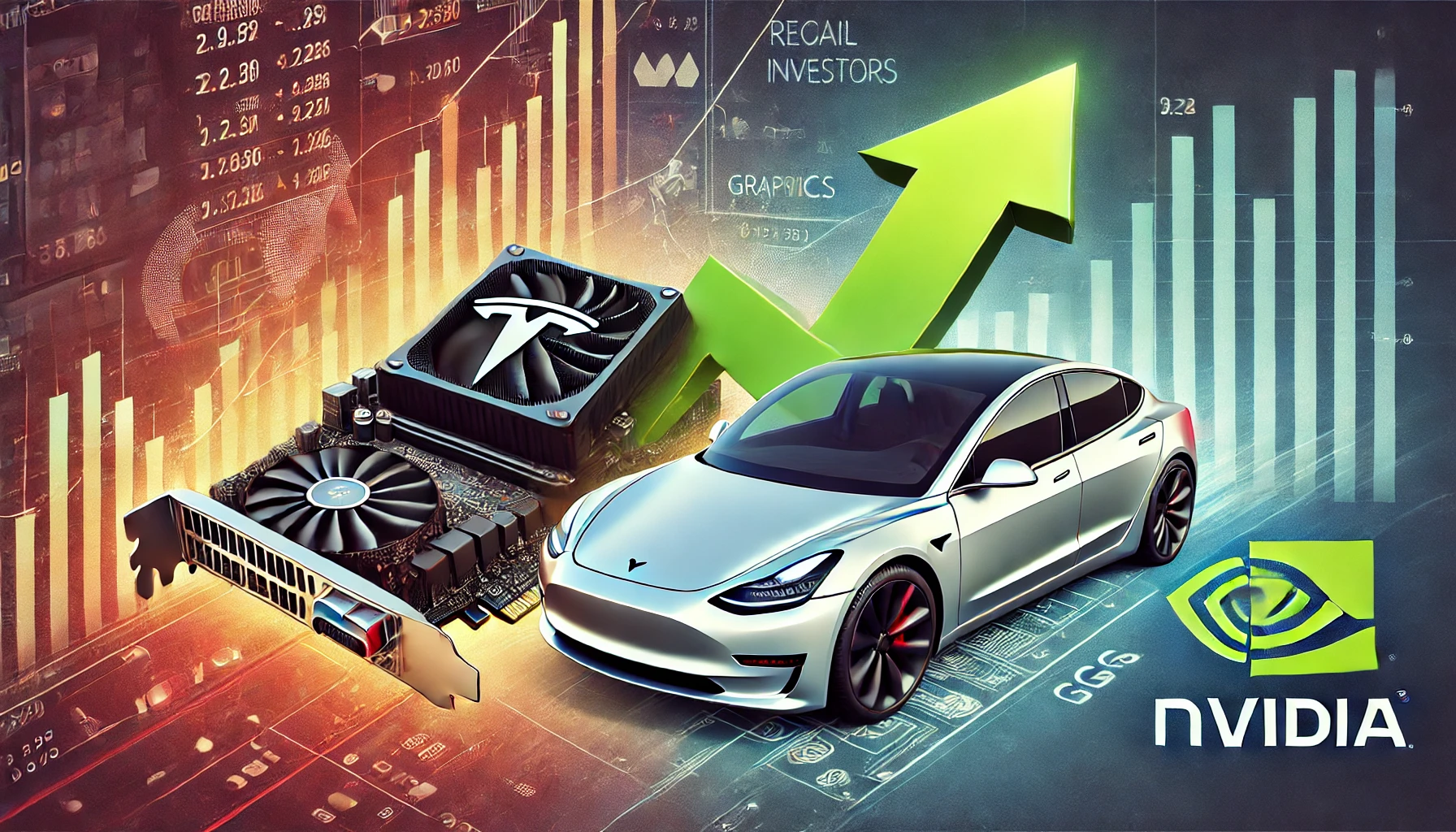 Illustration of a Tesla car and an Nvidia GPU connected by an upward stock market arrow, symbolizing the transition in retail investor popularity.