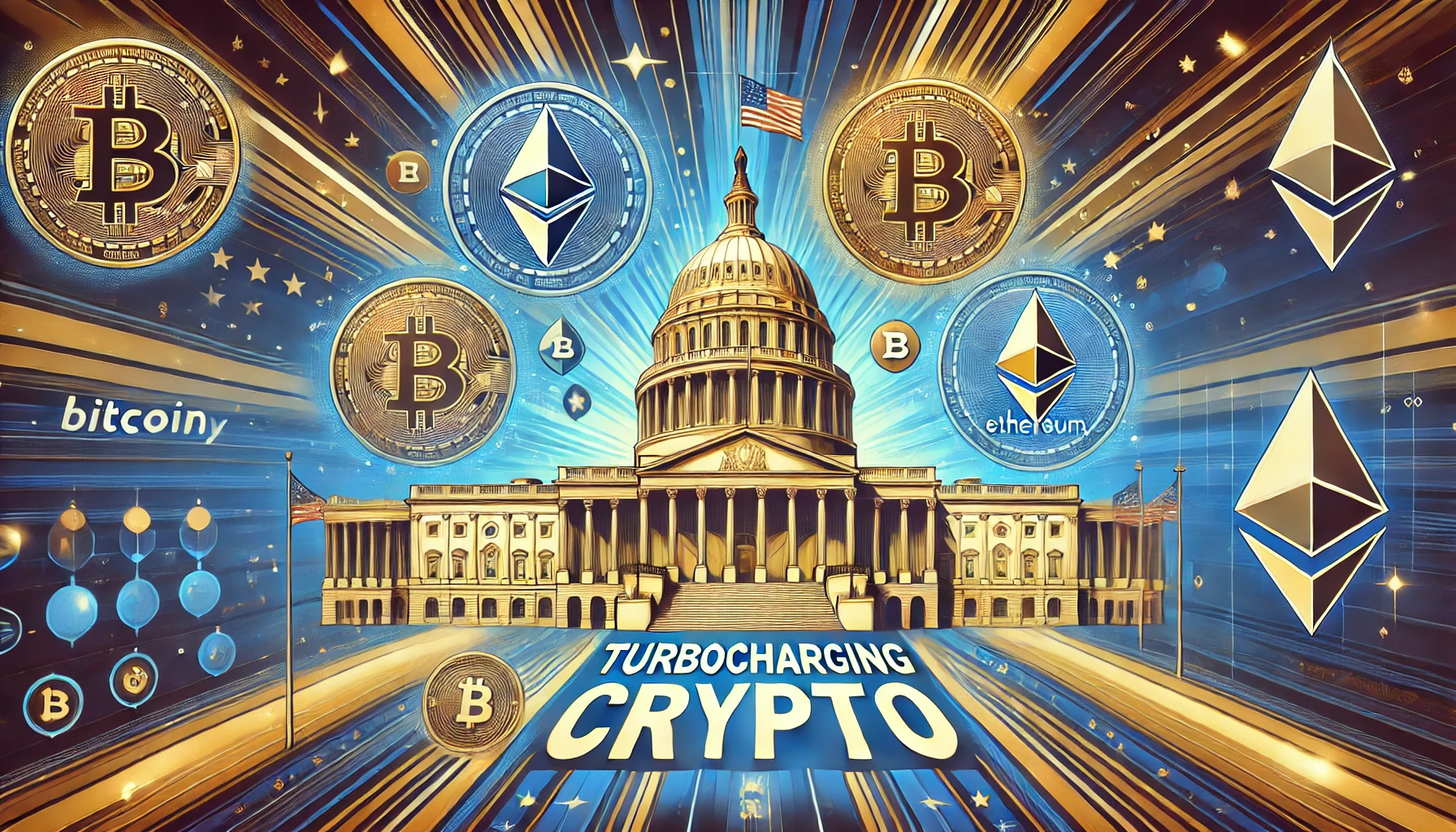 An illustration of a U.S. government building with cryptocurrency icons like Bitcoin and Ethereum, symbolizing the integration of digital assets into national policy.