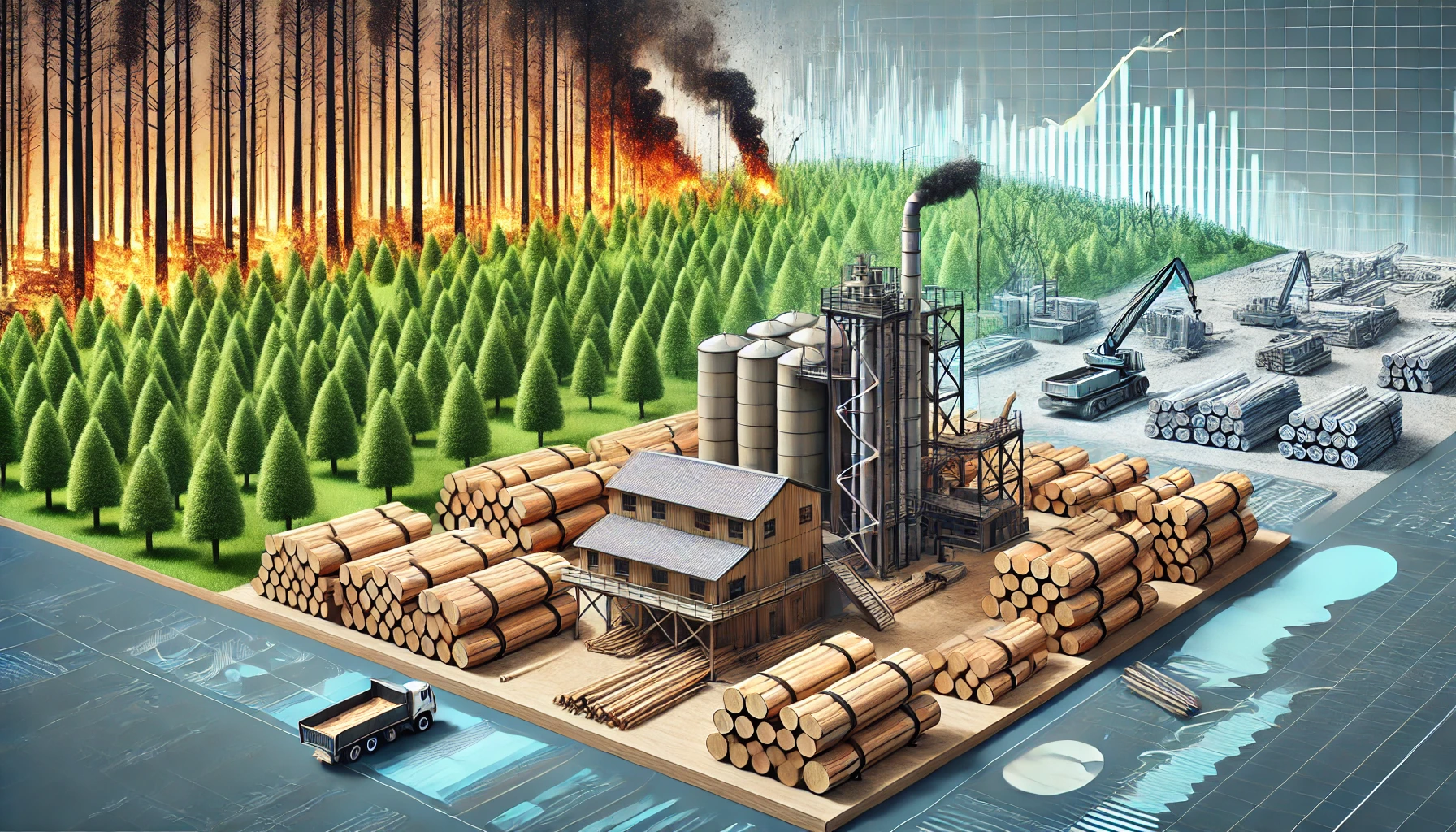 Illustration of a lumber mill surrounded by timber stacks, with a wildfire-damaged forest in the background transitioning into a construction site, symbolizing increased demand for lumber.