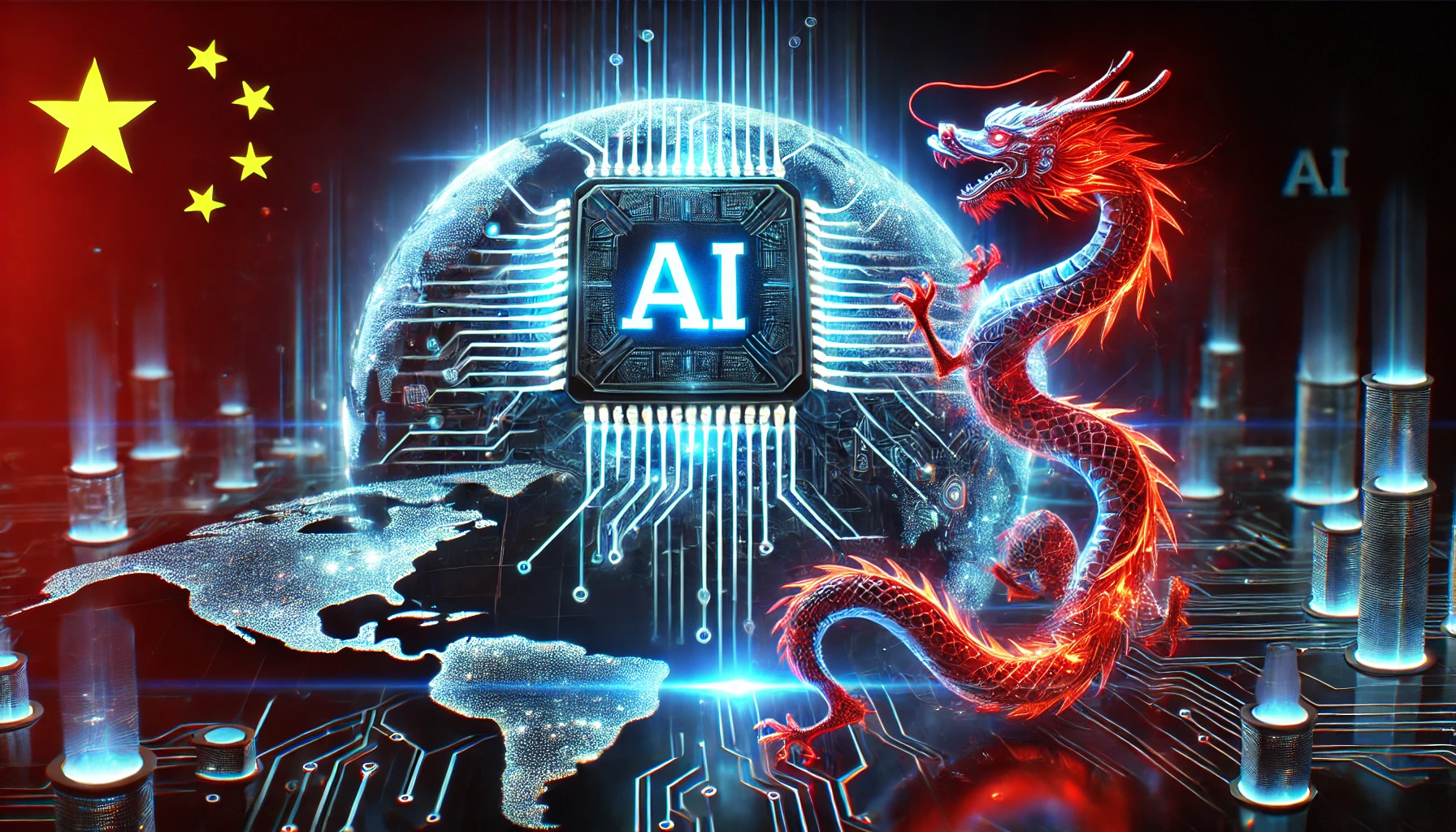 A glowing AI chip with intricate circuits connected to a world map, symbolizing China's impact on global AI innovation, with a red dragon representing China's dominance in artificial intelligence.