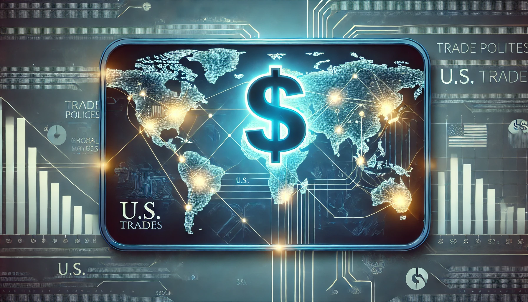 A glowing U.S. dollar sign over a blue digital world map with trade routes depicted as glowing lines, some of which are broken, symbolizing disruptions in global trade dynamics.