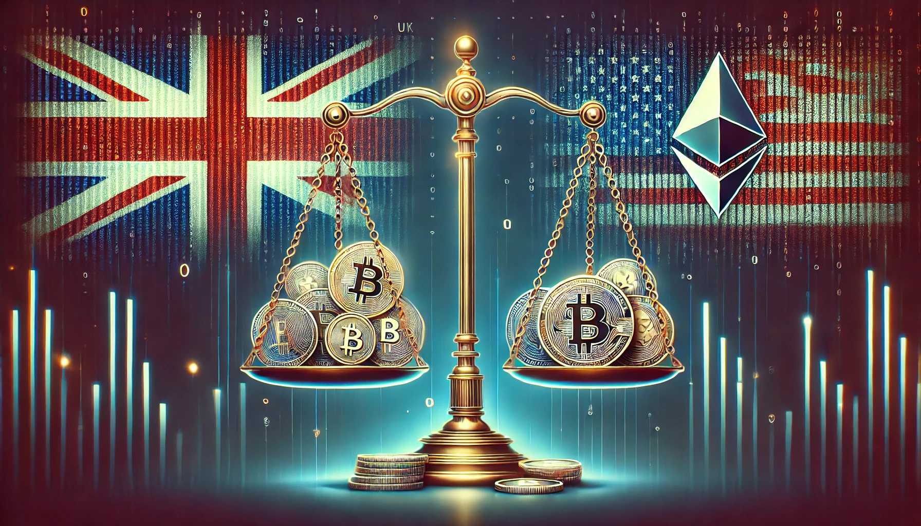 A digital concept of cryptocurrency regulation comparing the UK and US with a stylized scale of justice, Bitcoin, Ethereum, and regulatory symbols.