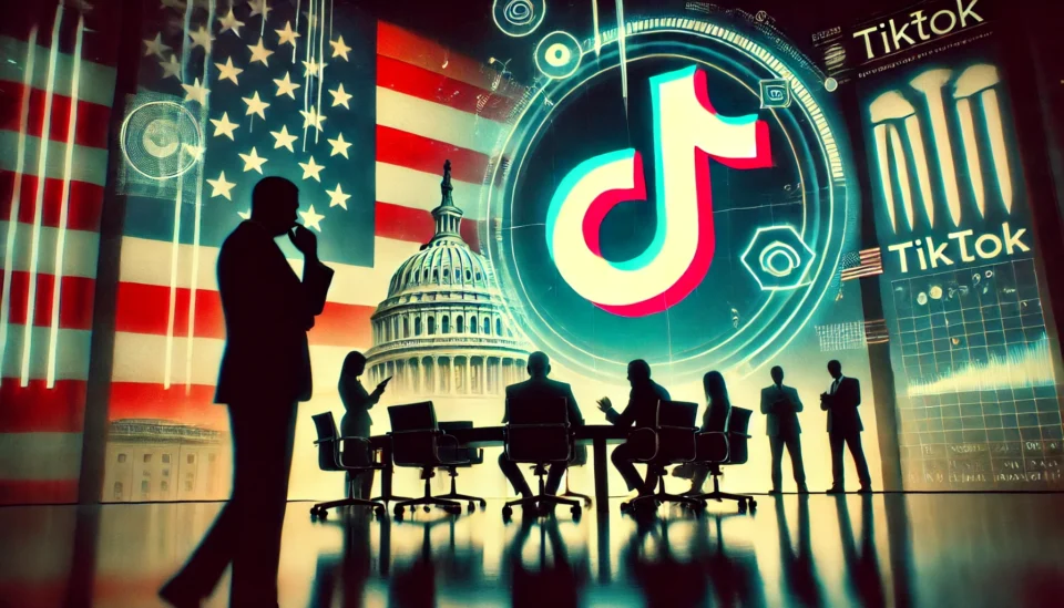 The TikTok logo partially overlaid with an American flag and a digital surveillance grid, with silhouettes of government officials and tech executives in negotiation.