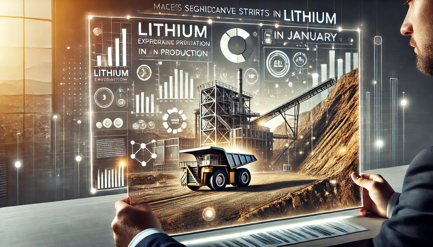 A rectangular image of a lithium mine with modern extraction equipment in a sustainable landscape, featuring digital overlays of lithium concentration metrics and graphs.