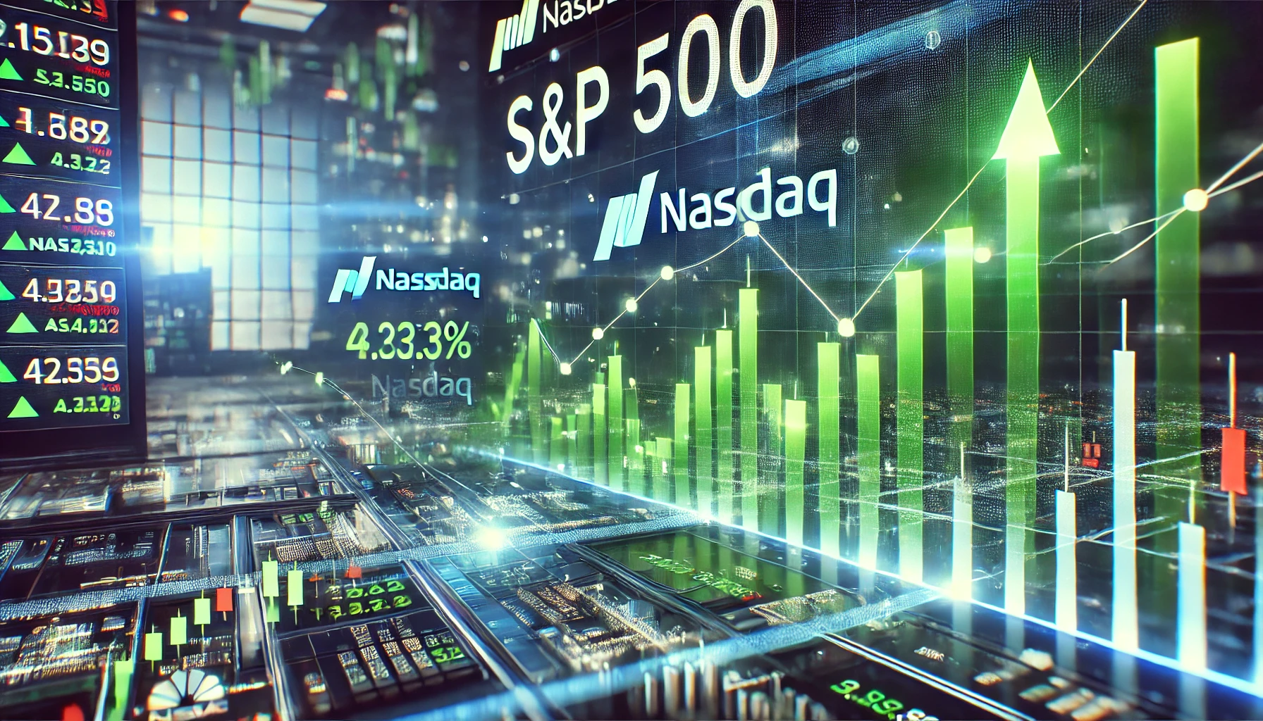 A digital stock market ticker displaying green upward-trending graphs and stock prices, symbolizing a strong market rally.