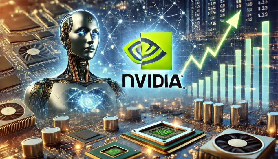 Nvidia logo displayed alongside AI-themed visuals, futuristic data streams, glowing semiconductor chips, and an upward-trending stock market graph.