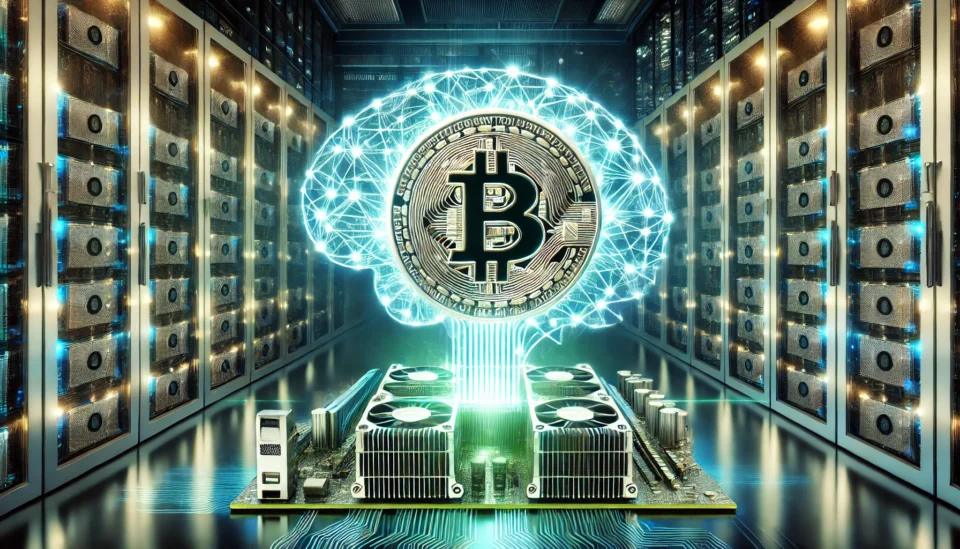 A digital illustration showing the fusion of Bitcoin mining and artificial intelligence, featuring a Bitcoin symbol merged with a glowing neural network and high-performance data center processors.