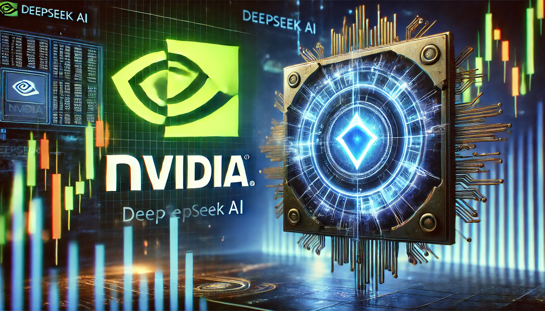 A futuristic digital rendering of Nvidia and DeepSeek AI in competition, with a stock market graph showing volatility in the background.