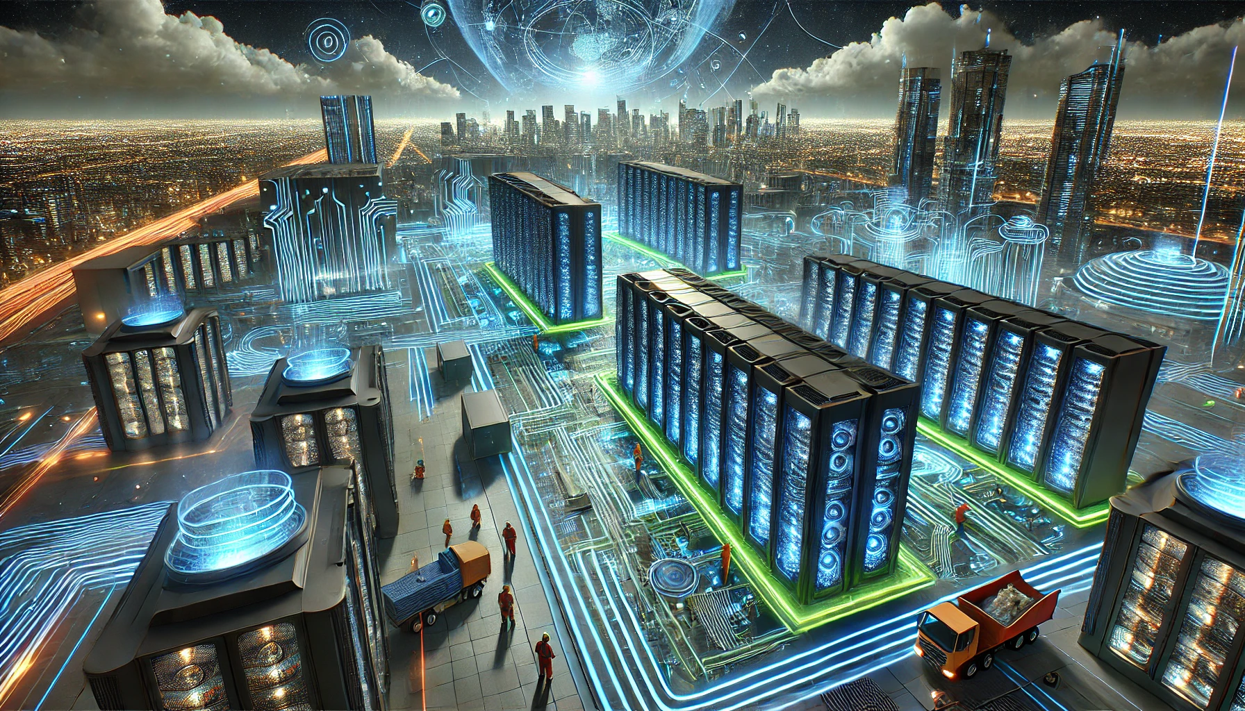 A futuristic digital rendering of a massive AI data center complex under construction, featuring glowing circuit pathways, towering server racks, and workers in safety gear, symbolizing AI infrastructure development.