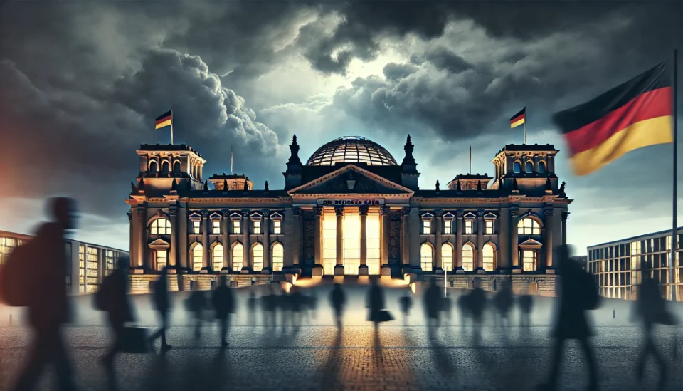 The German Parliament (Bundestag) in Berlin at dusk, with a stormy sky above and blurred silhouettes of people in the foreground, symbolizing the asylum law debate.