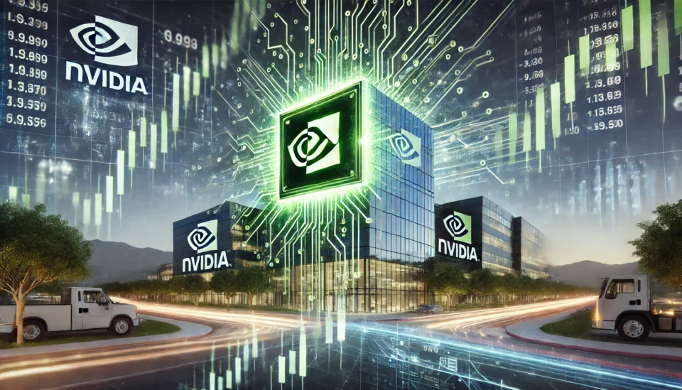 A futuristic digital illustration of Nvidia's headquarters with glowing green AI circuits and financial graphs highlighting its market growth.