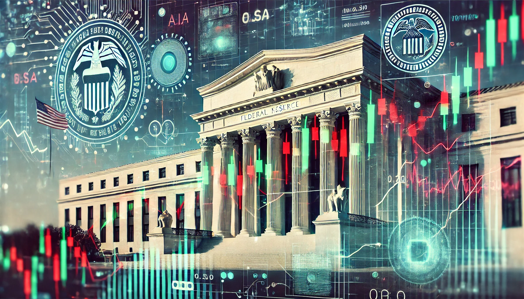 A financial-themed digital illustration showing a fluctuating stock market graph with red and green candlestick patterns, a Federal Reserve building in the background, and technology symbols representing AI and digital trading.