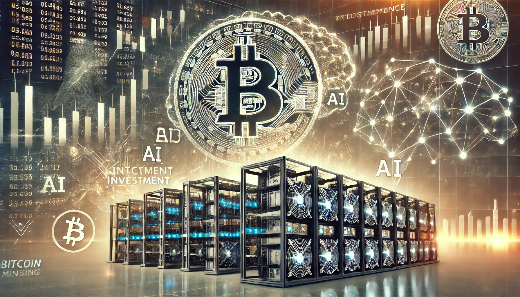 A financial-themed digital illustration showing a Bitcoin mining farm with high-performance rigs, overlaid with stock market graphs and investment firm logos, with AI-themed elements in the background.