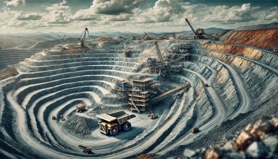 A large-scale open-pit copper mine with terraced excavation levels, heavy machinery in operation, and visible copper ore deposits, set against a rugged landscape.