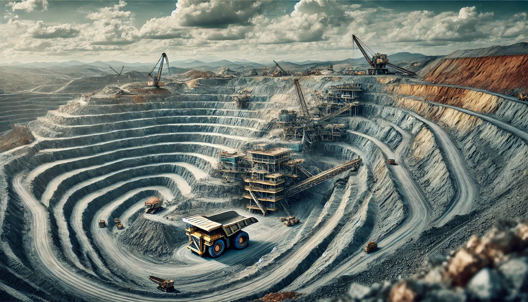 A large-scale open-pit copper mine with terraced excavation levels, heavy machinery in operation, and visible copper ore deposits, set against a rugged landscape.