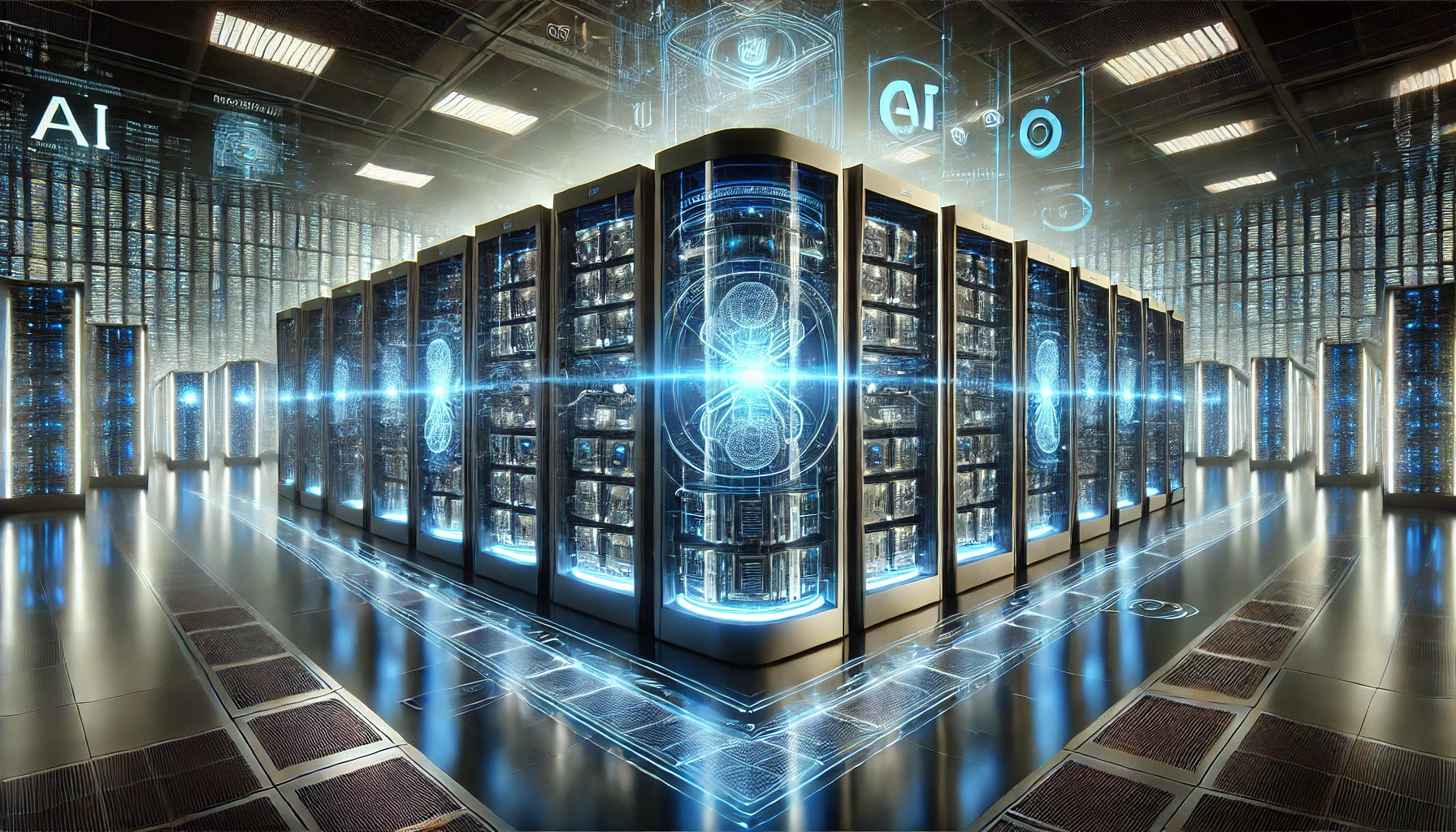 A futuristic AI data center with illuminated server racks, digital AI interface graphics, and blue-white lighting, representing Meta and Microsoft’s AI investments.