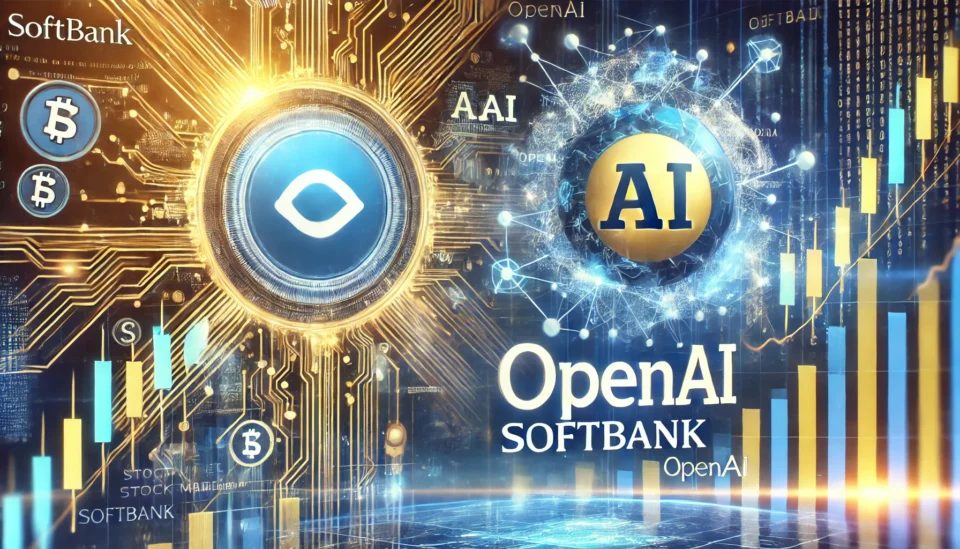 A futuristic financial illustration featuring the SoftBank and OpenAI logos, with AI-themed visuals, neural networks, digital data streams, and a stock market chart symbolizing investment growth.