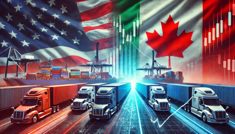 A financial and trade-themed illustration featuring cargo ships and trucks at the US-Canada-Mexico borders, with national flags split by a rising tariff barrier and a stock market volatility overlay.