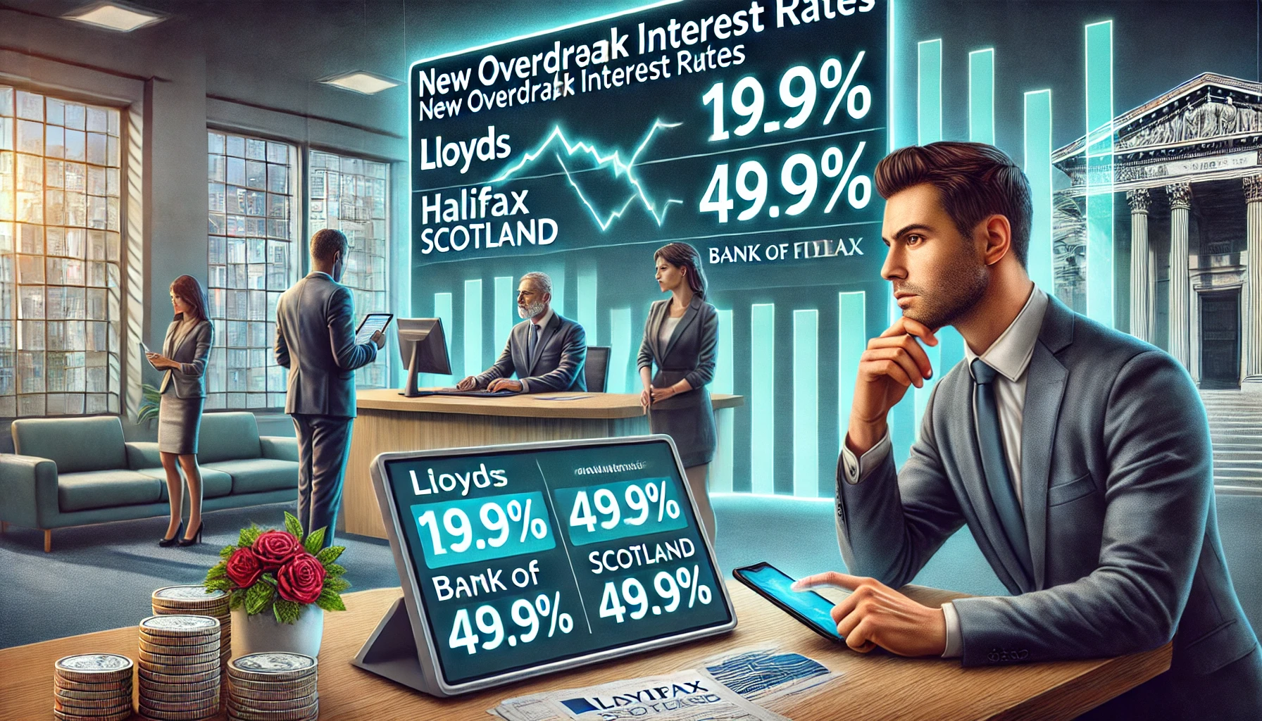 A financial-themed illustration showing a modern bank branch with Lloyds, Halifax, and Bank of Scotland logos, a digital screen displaying new overdraft interest rates, and customers reviewing financial changes.