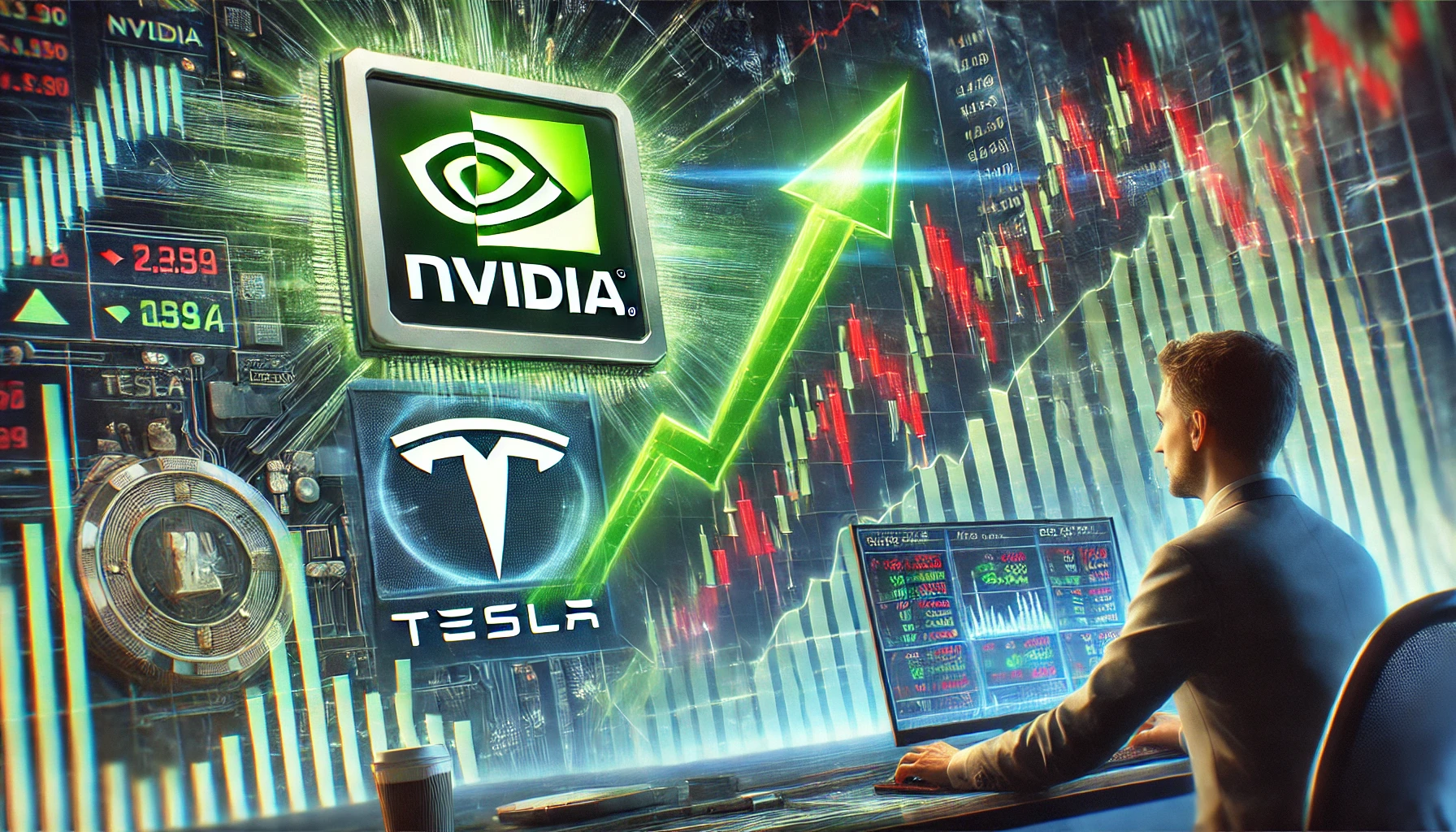 A stock market scene showing Nvidia’s stock graph rising with green upward arrows, while Tesla’s stock graph declines with red downward arrows. A financial ticker displays stock prices, and a retail investor analyzes market data on a screen.