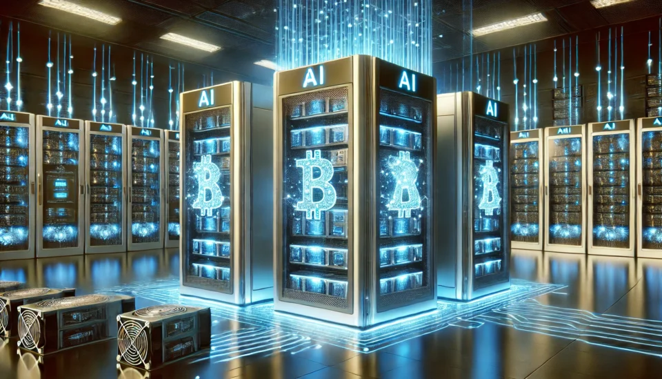 A futuristic data center with glowing blue AI servers, symbolizing the transition from Bitcoin mining to AI-driven infrastructure.