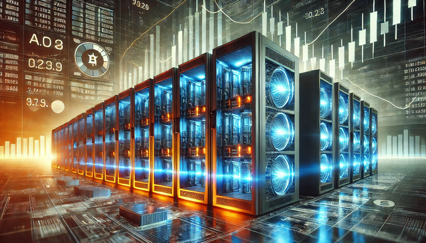 A futuristic cryptocurrency mining data center with glowing blue and orange high-performance computing servers, symbolizing the fusion of AI and blockchain technology.