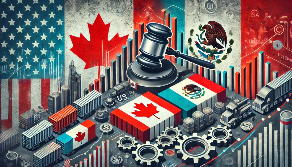 Image illustrating the impact of U.S. tariffs on Canada and Mexico, with flags, shipping containers, and financial charts.