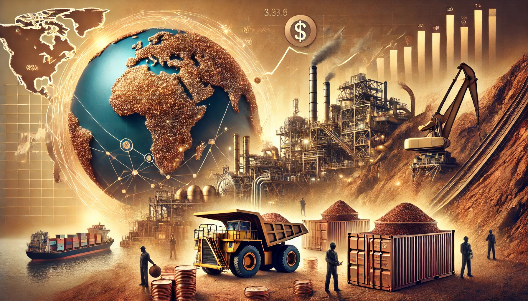 An image showcasing a copper mine in Africa with workers, mining equipment, and global trade symbols in the background.