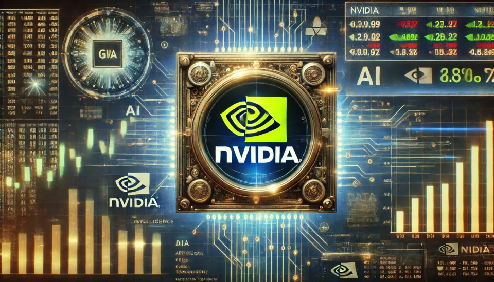 A futuristic digital stock ticker displaying Nvidia’s logo, surrounded by AI-themed graphics, data charts, and a glowing circuit board representing technology and financial growth.