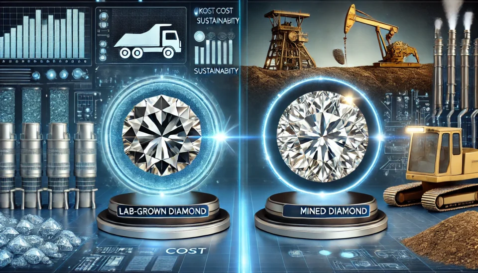 A side-by-side comparison of a lab-grown diamond and a mined diamond, set against a futuristic high-tech background highlighting cost, sustainability, and ethical sourcing differences.