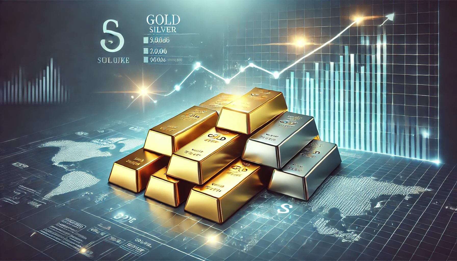 A stack of gold and silver bars placed on a reflective surface, with a financial chart in the background showing an upward trend.