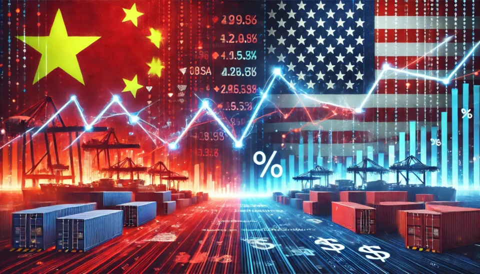 Illustration of the U.S. and China flags facing off with a financial graph overlay, shipping containers, and stock market symbols representing economic conflict.