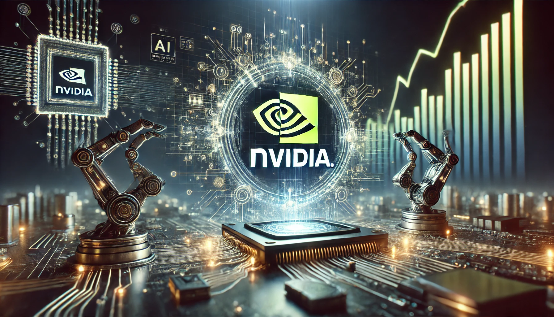 A futuristic digital illustration featuring Nvidia’s logo, glowing data streams, circuit board patterns, robotic arms, and a rising stock market graph symbolizing financial growth.