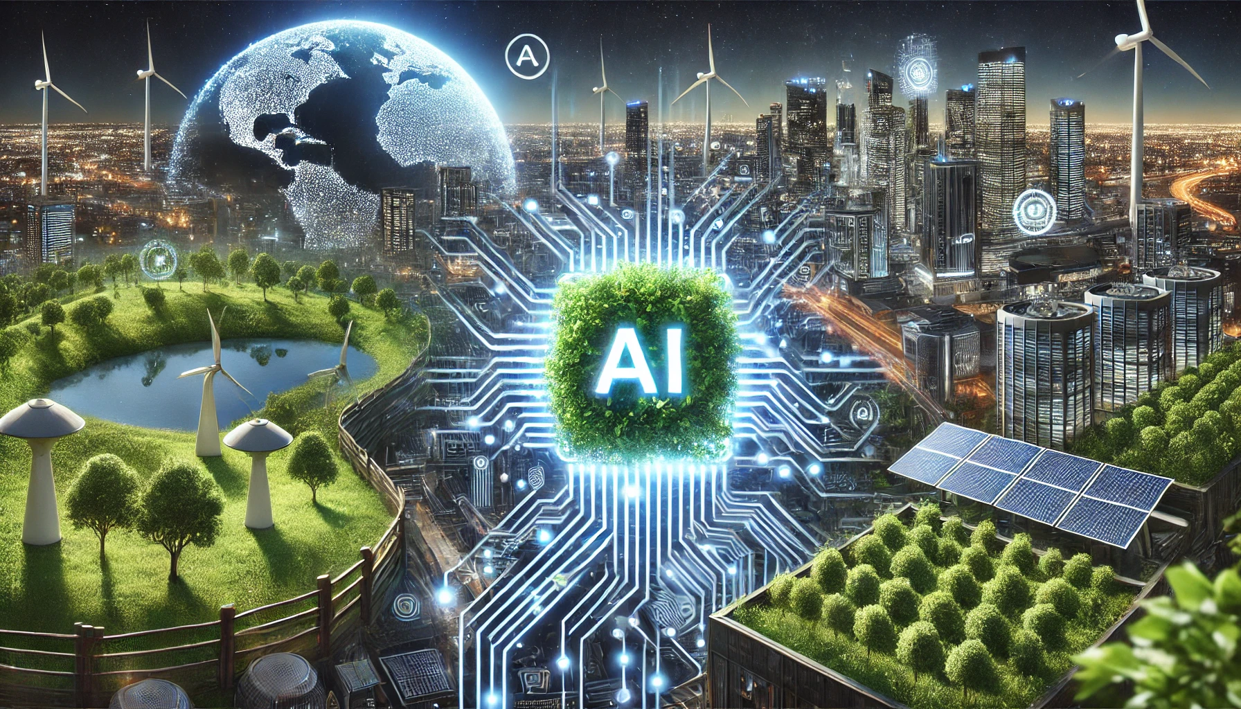 A futuristic digital landscape integrating AI technology with sustainability, featuring a glowing circuit board, lush greenery, and a modern smart city skyline powered by renewable energy.