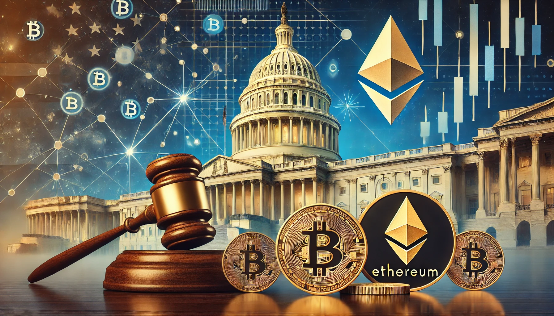 A financial-themed image featuring the U.S. Capitol in the background, with cryptocurrency symbols like Bitcoin and Ethereum in the foreground. A gavel represents legal oversight, and a blockchain network pattern is subtly integrated.