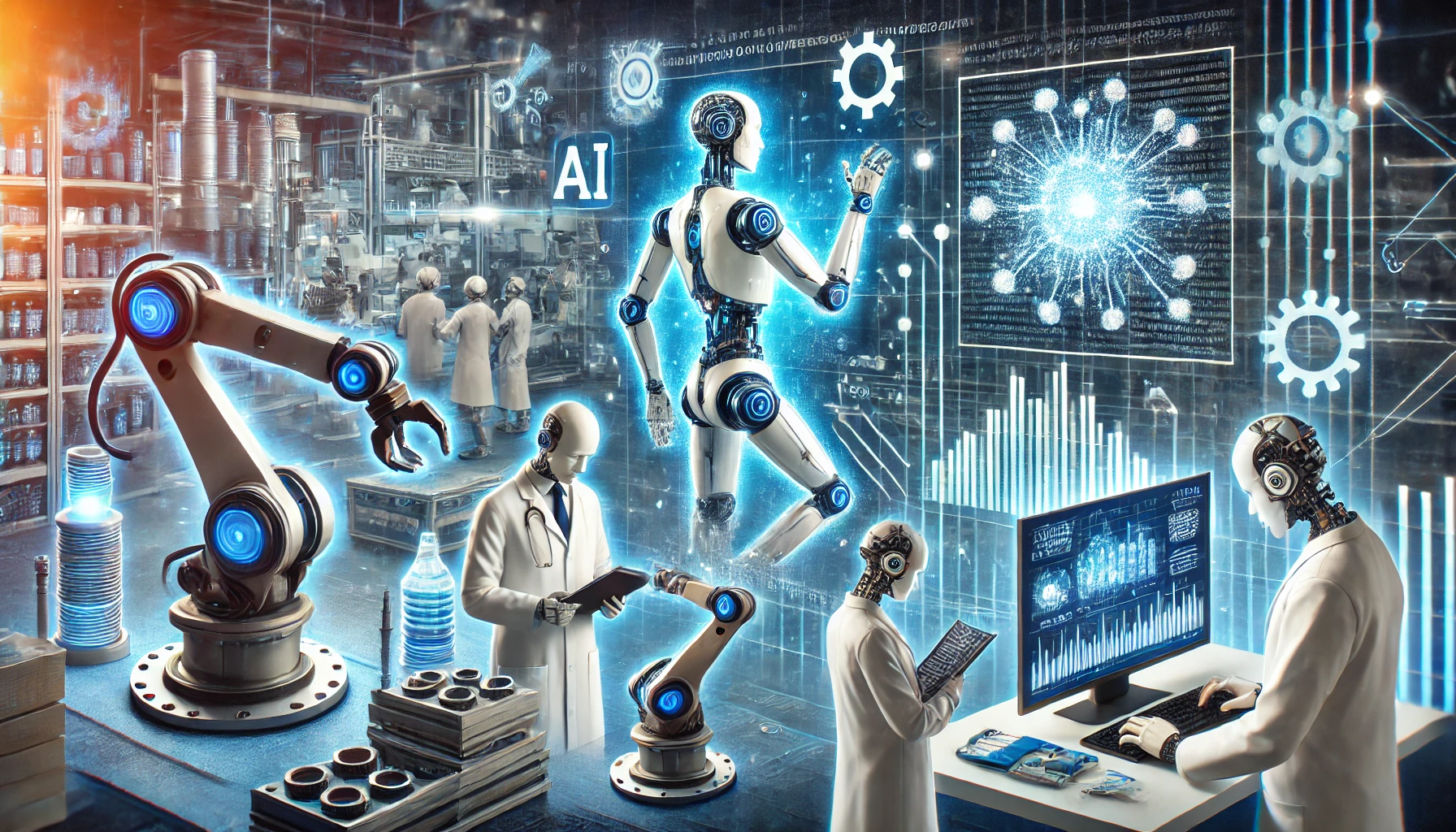 A futuristic digital illustration showcasing AI-powered automation in industries, including a robotic assembly line, AI-driven healthcare diagnostics, and financial data analysis.